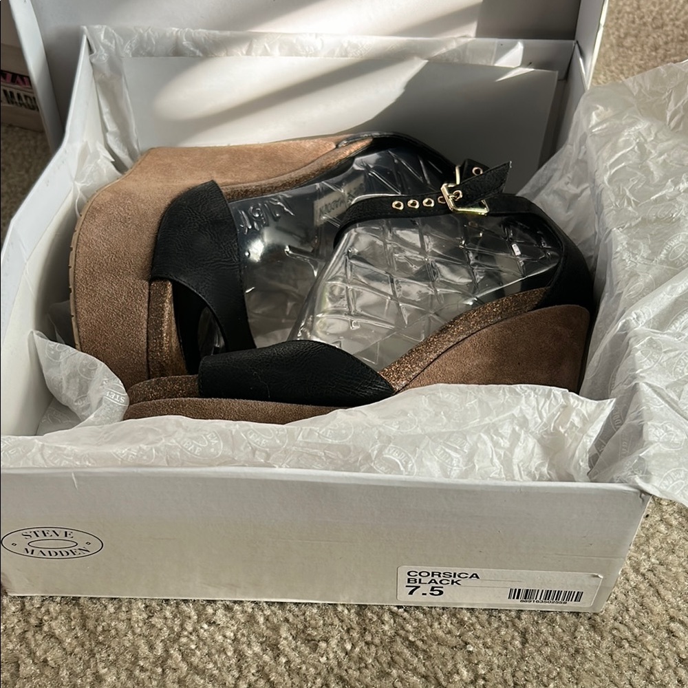 Steve Madden Black and Tan Wedge Sandals